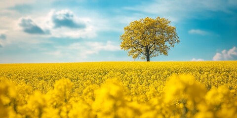 Obraz premium Vibrant yellow flowering fields create a stunning nature spring landscape, showcasing the beauty of flourishing yellow flowers in a captivating outdoor scene.