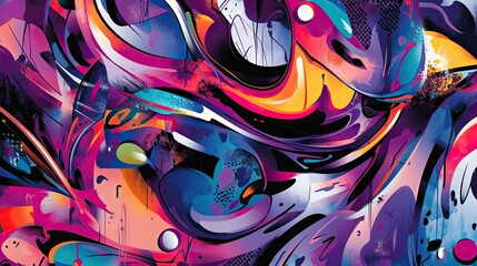 Fototapeta premium Vibrant abstract graffiti art featuring swirling shapes in bold purple, blue, and orange hues.