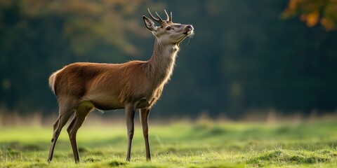 Young red deer, also known as cervus elaphus, are seen sniffing and stretching their necks in an attentive pose on a glade. This brown mammal with antlers gazes around with keen interest on the