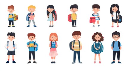 Fototapeta premium Diverse group of children, including boys and girls of various ethnicities, ready for school with colorful backpacks.