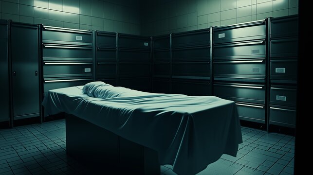 Covered body on a gurney in a morgue