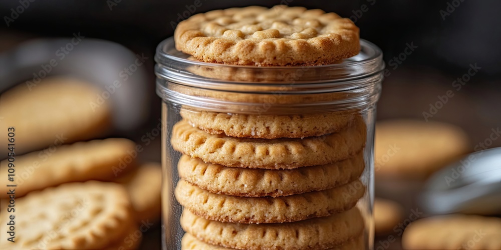 Poster close up view of a stacking of biscuits arranged inside a plastic jar, showcasing the delightful det