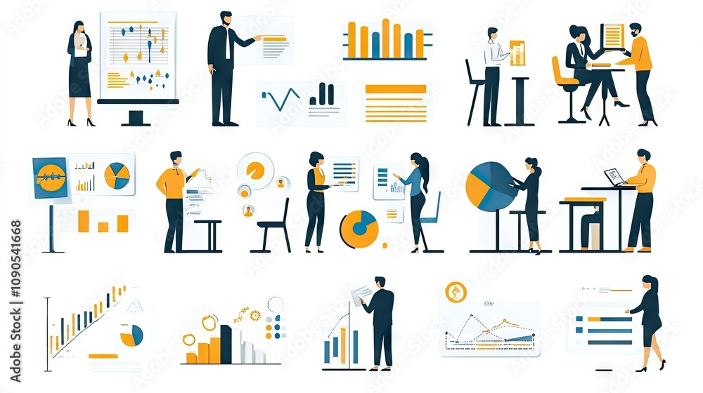 Poster diverse professionals analyzing data and presenting insights in a modern office setting.
