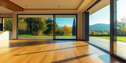 Fototapeta premium An empty living room featuring wood flooring and expansive sliding glass doors that open to the patio area, highlighting the spaciousness of the empty living room design.