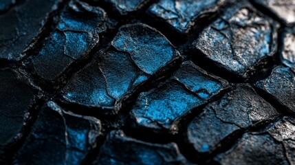 Fototapeta premium Close-up of textured black surface with blue highlights, resembling cracked earth or dried paint, perfect for abstract design backgrounds.