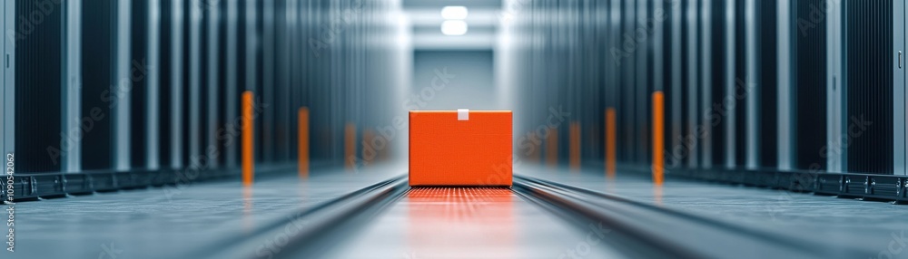 Poster a solitary orange box sits in a corridor of storage units, illuminated by soft overhead lighting, cr