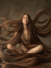 Studio portrait of a model with long, flowing brown hair styled in a dramatic fashion