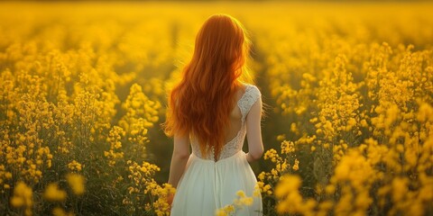 Fototapeta premium Redhead girl in a white dress surrounded by a vibrant rapeseed field, capturing the essence of a serene moment in nature with the beauty of the redhead girl standing amidst the blooming flowers.