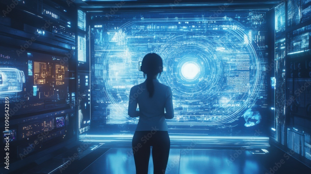 Poster futuristic woman in headset interacting with holographic display of advanced data visualizations in 