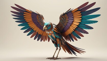 Obraz premium A surreal metal bird with oversized wings, resting on a neutral background, Generative AI