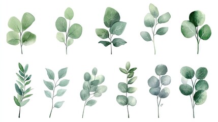Fototapeta premium A collection of watercolor botanical illustrations featuring various green leaves and branches.