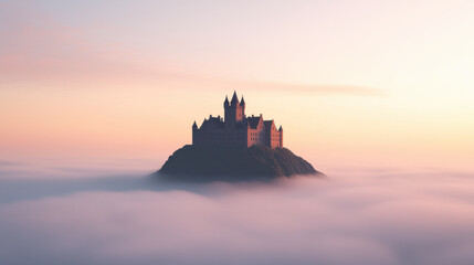 Obraz premium majestic castle sits atop hill, surrounded by sea of clouds at sunrise, creating serene and mystical atmosphere. soft pastel colors of sky enhance enchanting view