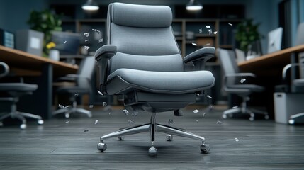 Fototapeta premium Investing mistake fail business and volatility Concept, Modern ergonomic office chair in a stylish workspace, surrounded by desks and plants, conveying comfort and productivity.