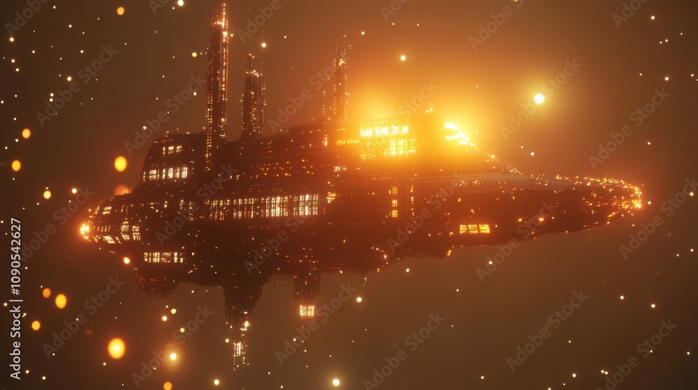 Poster Futuristic Spaceship Floating in Cosmic Landscape with Bright Stars and Fiery Glows in Deep Space Environment for Science Fiction and Exploration Themes