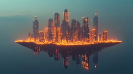 Naklejka premium Futuristic Island Cityscape with Glowing Skyscrapers and Reflection in Water at Dusk, Surrounded by Calm Ocean and Cloudy Sky