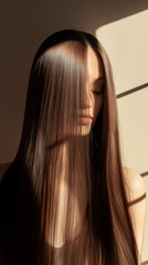 Fashion portrait of a beautiful young woman with long straight brown hair, illuminated by a ray of sunlight creating light and shadows