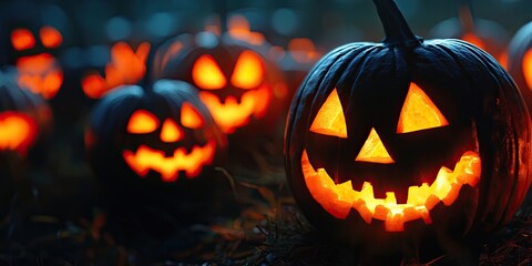 Closeup of eerie pumpkin faces featuring glowing light within. Spooky Halloween pumpkins showcase frightening expressions at night, creating a haunting Halloween scene with scary pumpkins.