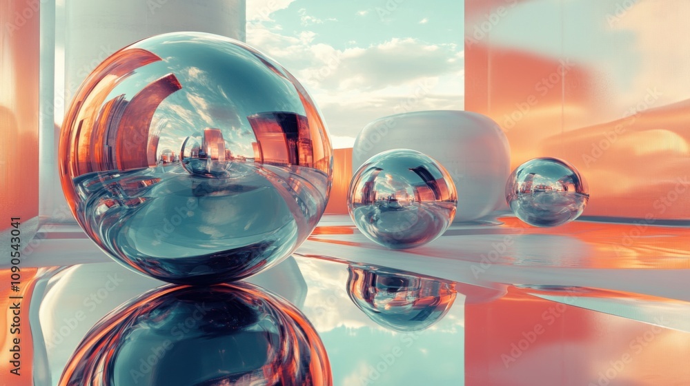 Poster abstract composition featuring reflective spheres and modern architecture in a vibrant environment w