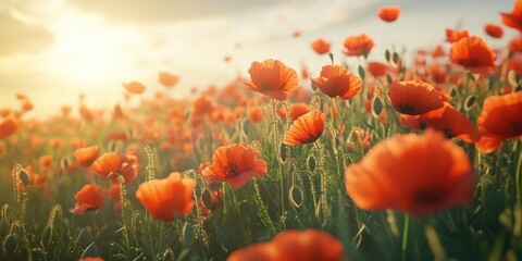 Fototapeta premium Vibrant field of wild red poppies blooming under the bright sun, creating a stunning summer day landscape filled with colorful wild red poppies swaying gently in the warm breeze.