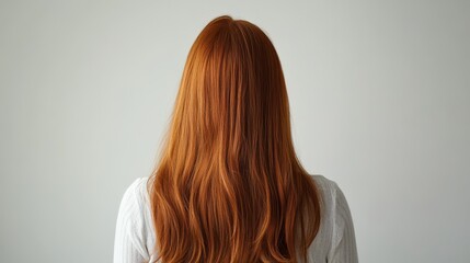 Fototapeta premium Beautiful model girl with orange hair strand,silky healthy chestnut wavy hair strand,hair wavy ribbon, with smooth,Keratin straightening,Treatment,straight long hair,procedures,Smooth hairstyle.