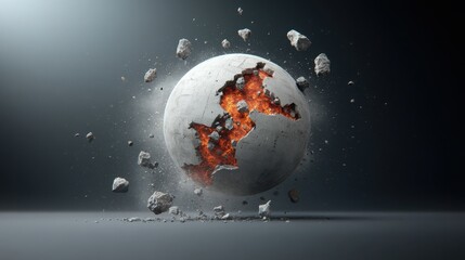 Investing mistake fail business and volatility Concept, A cracked sphere with fiery elements bursts through a rocky surface, creating a dramatic visual impact against a dark background.