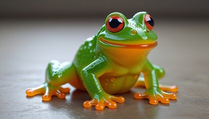 Obraz premium A gummy frog with bright eyes and a mischievous grin, sitting on a neutral surface, Generative AI