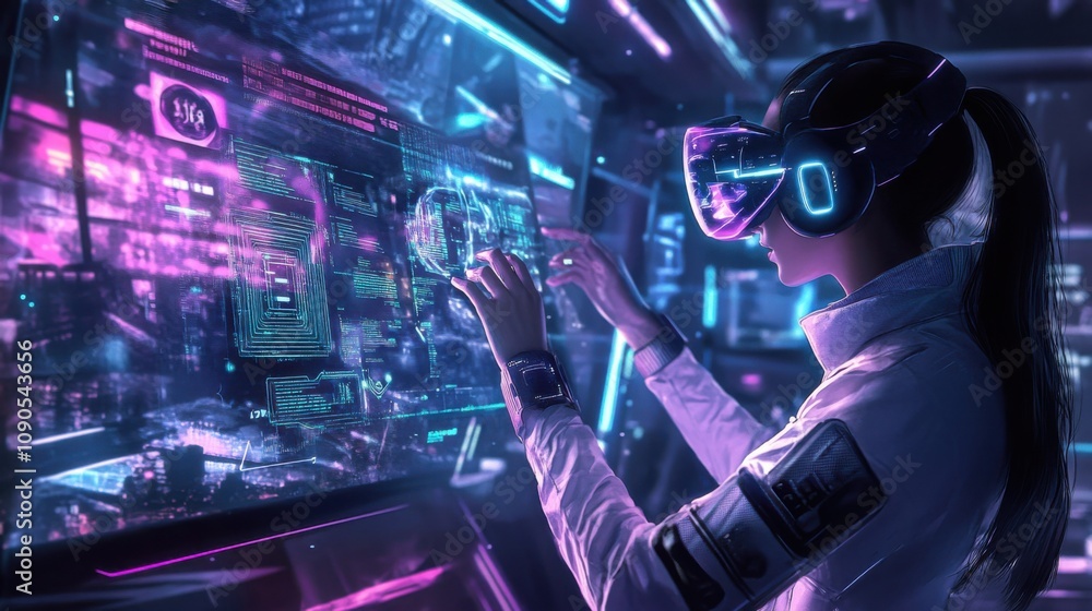 Poster futuristic female scientist using virtual reality headset engaged in data analysis in high-tech envi