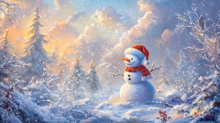 Obraz premium Snowman in Santa Hat Under a Winter Sky