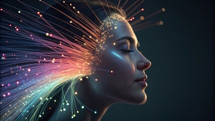 Fototapeta premium The composition showcases facial features adorned with luminous fiber optic strands flickering in various hues creating a sense of motion and an innovative aesthetic that captures