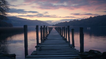 Obraz premium Tranquil sunset over a serene lake pier, wooden posts stretching into calm water, surrounded by lush hills and soft clouds.