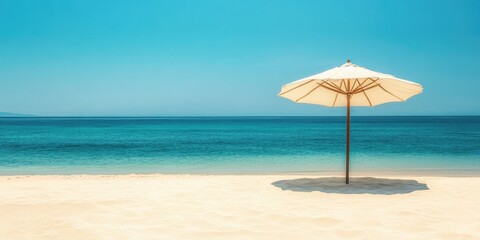Fototapeta premium A stunning sandy beach featuring an umbrella that creates a soothing shade, perfect for relaxation and enjoyment on the sandy beach. Experience the tranquility of the sandy beach setting.