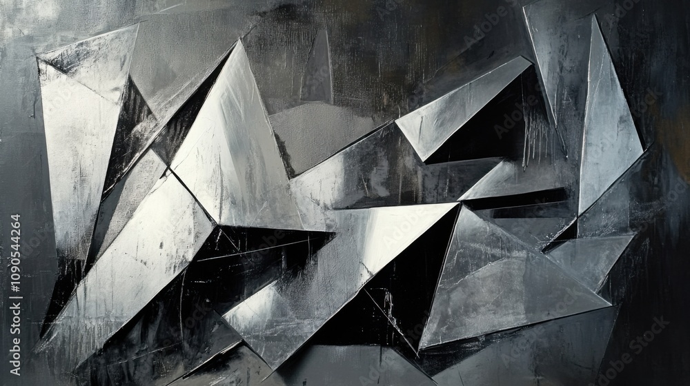 Poster abstract silver geometric shapes on dark surface with reflections and textures, perfect for modern a