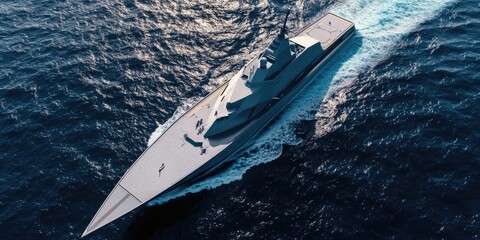 Fototapeta premium Aerial view of a grey modern warship, showcasing its sleek design and advanced features. This grey modern warship represents the cutting edge technology in naval engineering and military prowess.