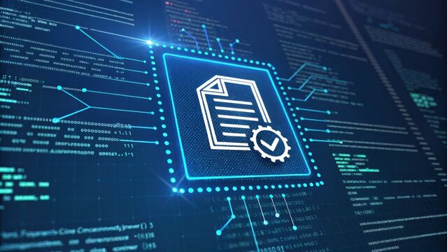 Smart Contracts A visual showing a contract icon on a digital screen with automated code running around it symbolizing selfexeing agreements.