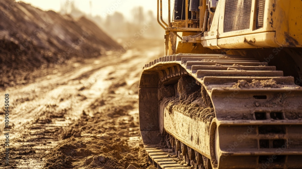 Poster an intimate view of a heavy equipment operator in a bulldozer cabin, leveling earth on a road constr