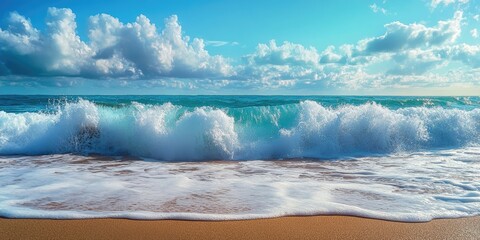 Naklejka premium Beautiful ocean waves crash on a sandy beach, creating a picturesque scene of sea surf. Experience the allure of the sea surf as the waves charm everyone nearby.
