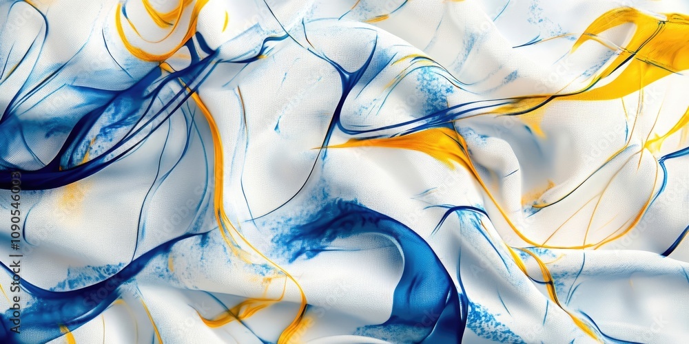 Poster abstract background featuring a white sarong cloth adorned with striking blue and yellow lines, crea
