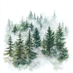 Fototapeta premium Watercolor painting of a dense forest with thick morning mist swirling around the trees, on isolated white background