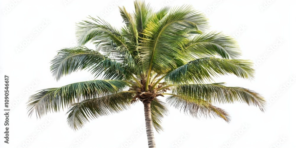 Poster isolated green palm tree on a white background features a clipping path and alpha channel, showcasin
