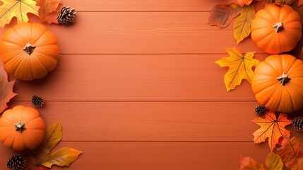 Fototapeta premium An autumn background featuring pumpkins, colorful leaves, and a mix of rustic textures, perfect for festive holiday backgrounds and wallpapers.