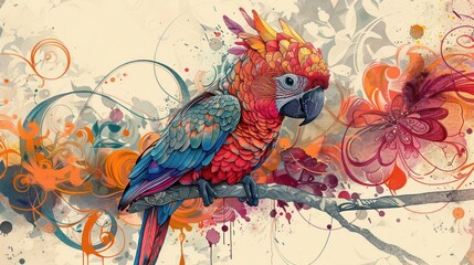 Colorful parrot perched on branch amidst floral swirls.