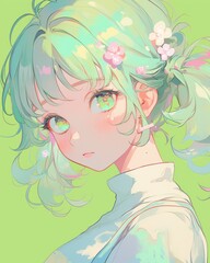 Cute Anime Girl Illustration Green Hair Flowers. Pastel Anime Illustration.