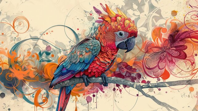 Colorful parrot perched on branch amidst floral swirls.