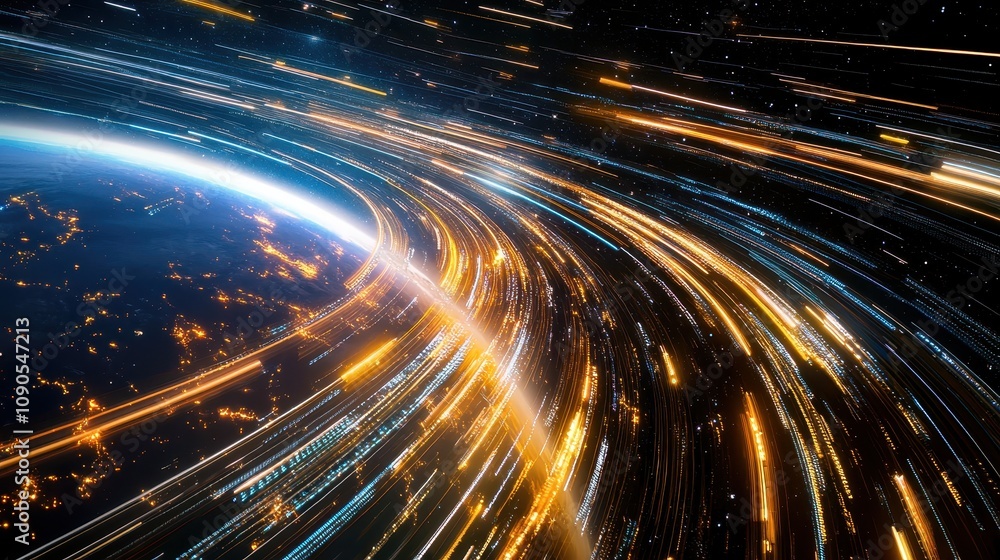 Poster a dynamic view of earth with streaks of light representing motion and energy in space.