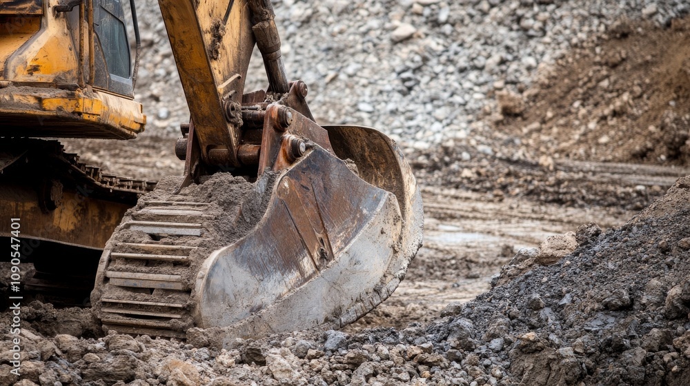 Poster an intimate view of a heavy equipment operator operating an excavator at a road construction site, r