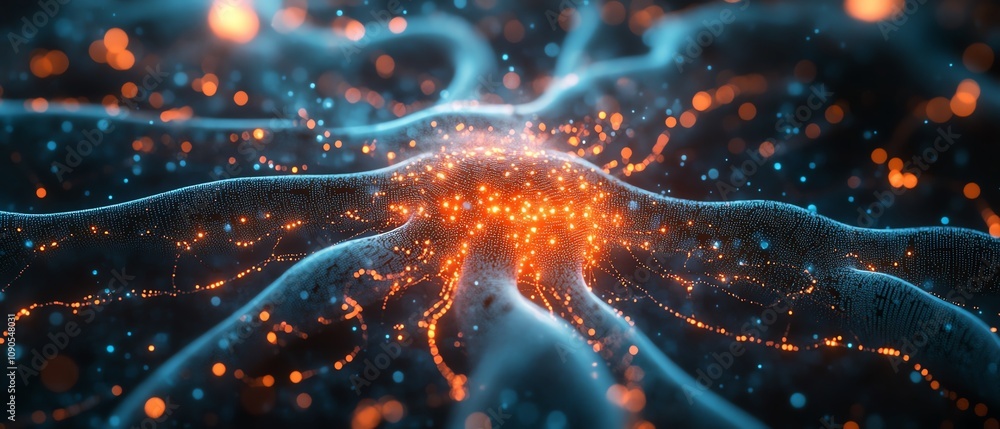 Poster a cinematic view of artificial intelligence in action, with glowing data streams, neural network vis
