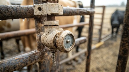 A close-up of a rusty valve in a cattle pen, indicating agricultural use.