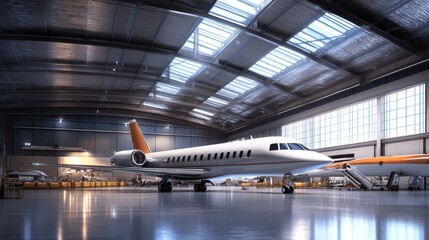Obraz premium A sleek aircraft in a spacious hangar, showcasing aviation industry and maintenance.