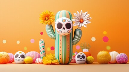 Obraz premium Close-up of a cactus with intricate patterns of blooming flowers, surrounded by sugar skulls, serape patterns, and festive decor