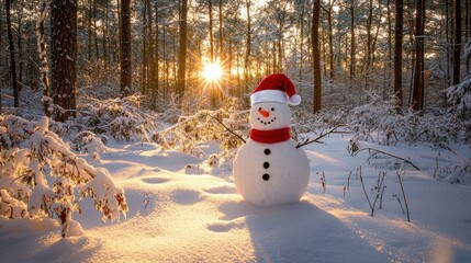 Fototapeta premium Santa-Hat Snowman in a Serene Snow-Covered Forest